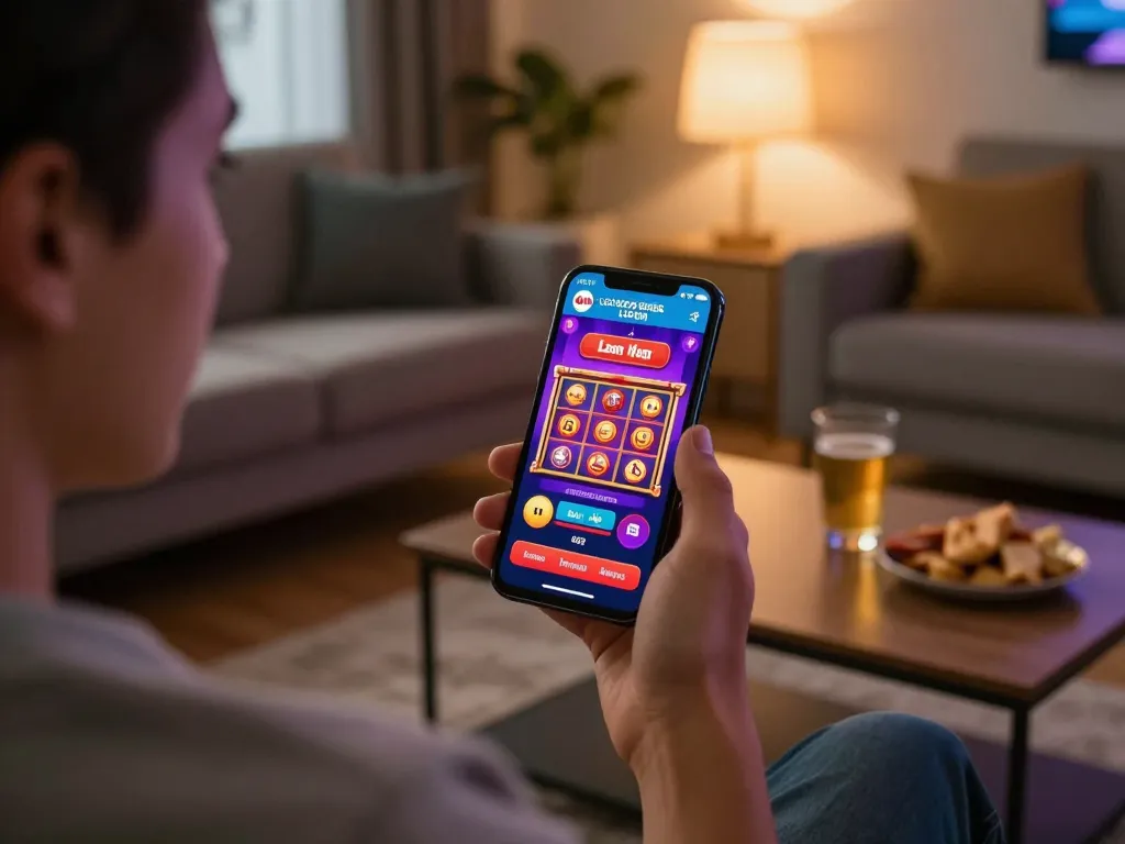 Engaging with LGOSUPER LOGIN on mobile, showcasing vibrant slot graphics in a cozy setting.