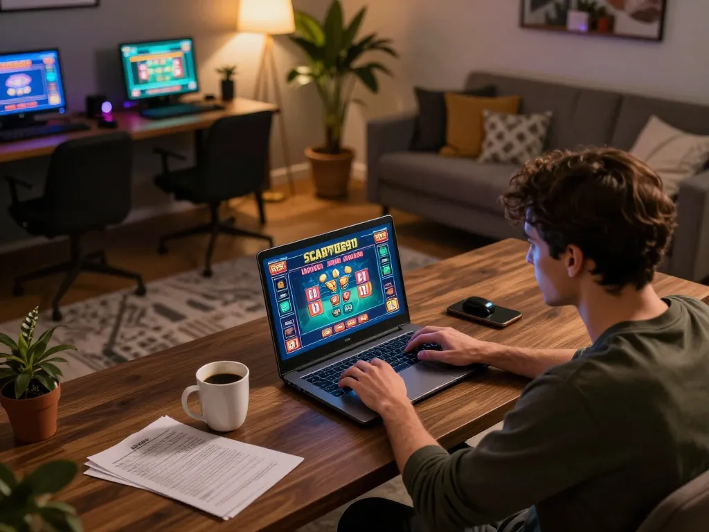 Player analyzing SCATTER911 strategy during an online slot gaming session on a laptop.