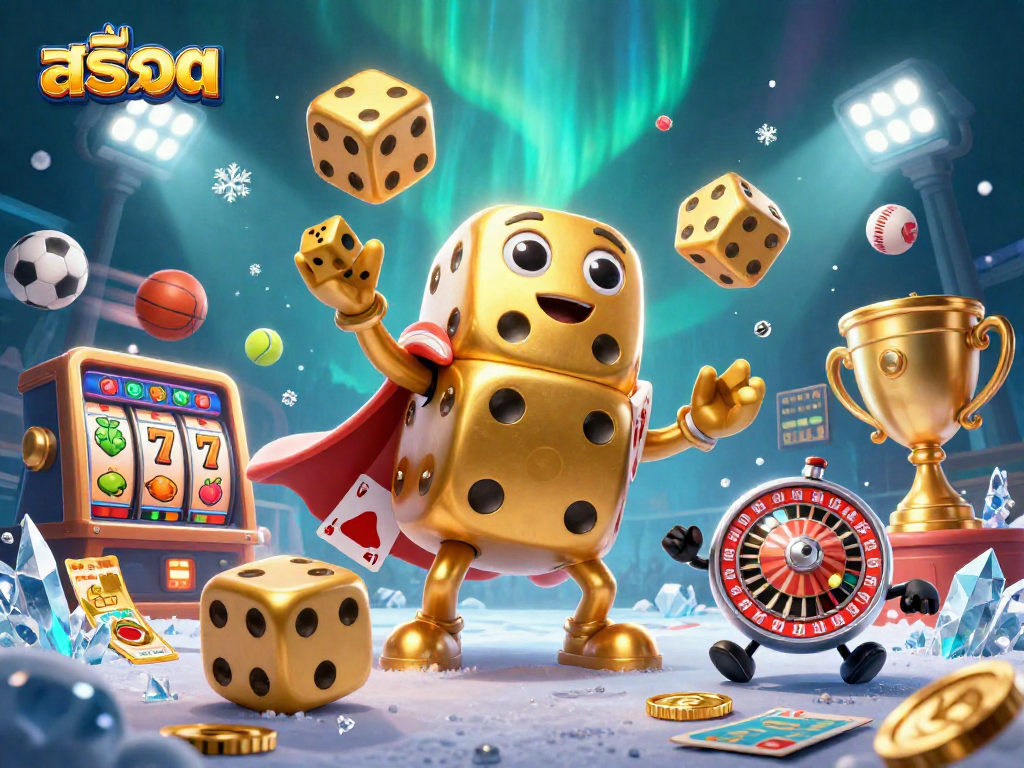 Engage in thrilling สล็อต gameplay with a vibrant illustration of a golden dice golem and dynamic game elements.