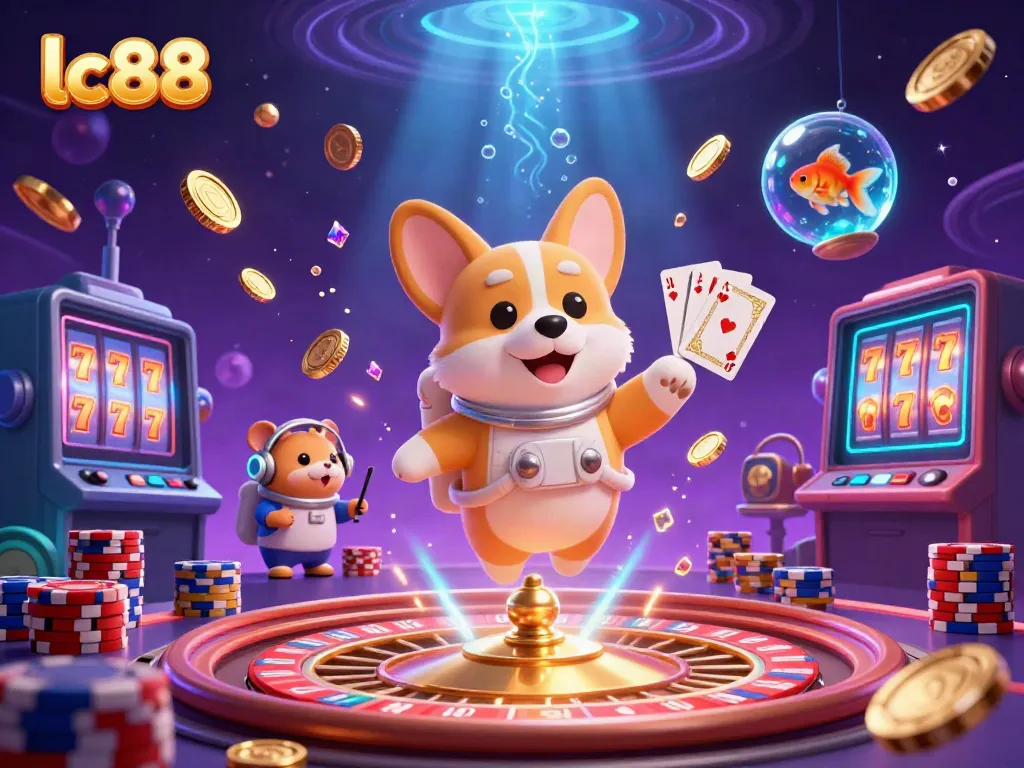 Engage in virtual gambling with lc88, featuring a whimsical scene of 3D characters and dynamic casino elements.