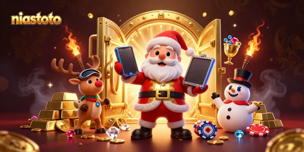 Santa Claus bersama reindeer dan snowman menggenggam ponsel jackpot niastoto di kasino yang megah.