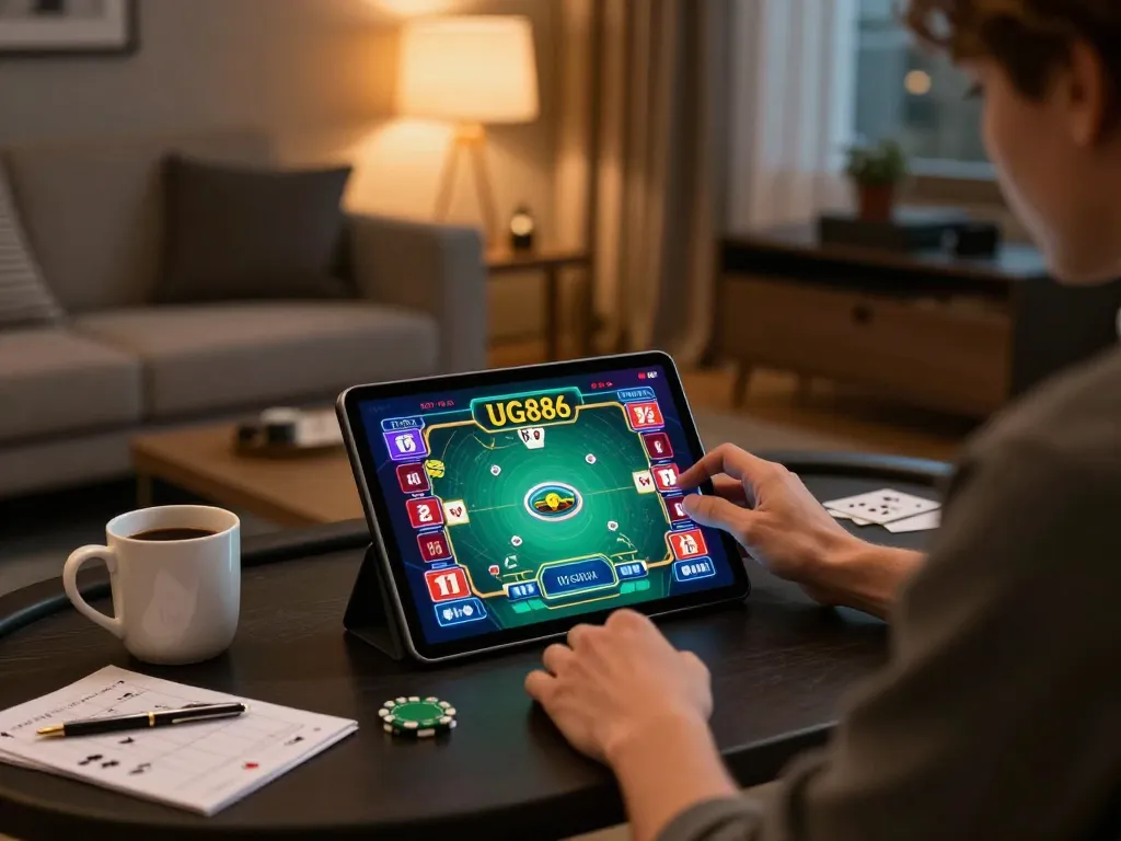 Player enjoying poker on a tablet while strategizing at home on UG886.