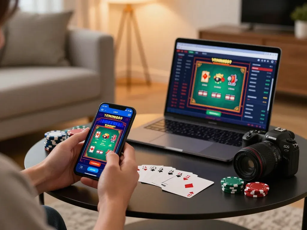 Engaging with the VENOM889 app while strategizing poker, enhancing online gaming experience.