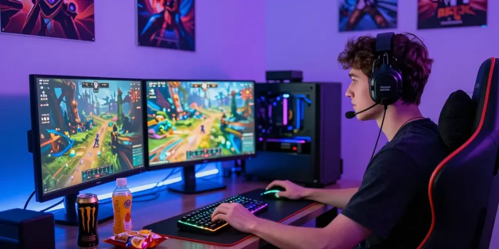 Ruang permainan online Kediritoto dengan gamer fokus dan PC canggih, menciptakan suasana yang energik.