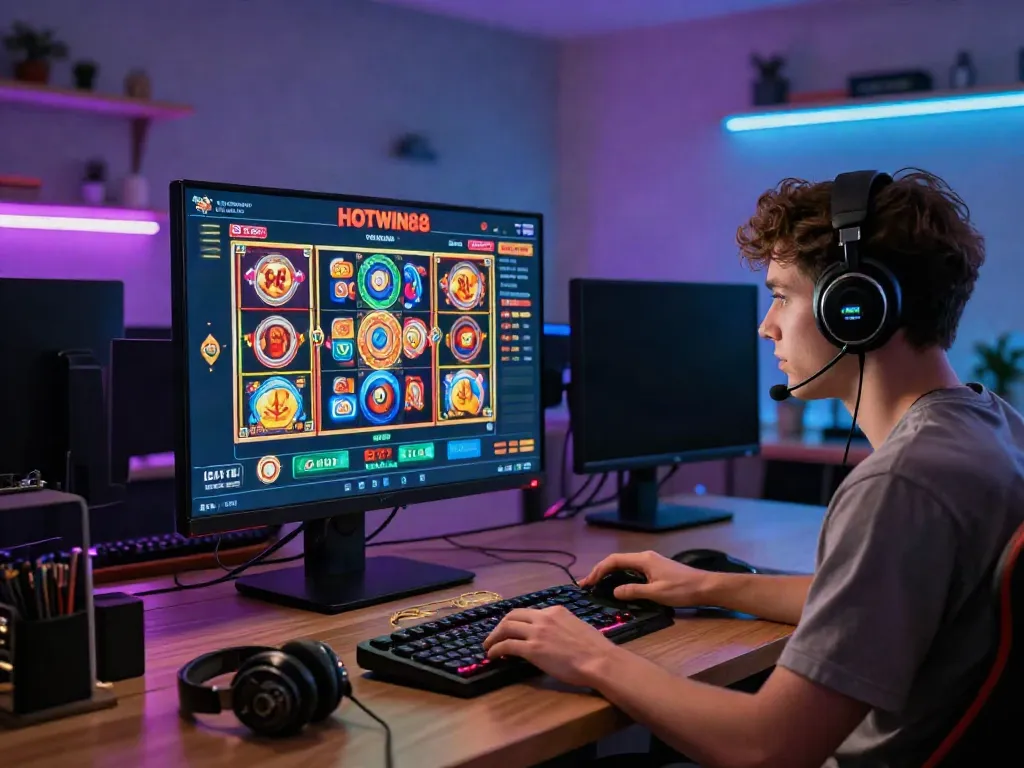 Pengguna HOTWIN88 bermain di platform slot online dengan grafik cerah dan statistik RTP langsung.