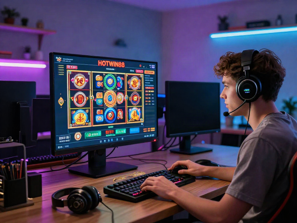 Pengguna HOTWIN88 bermain di platform slot online dengan grafik cerah dan statistik RTP langsung.