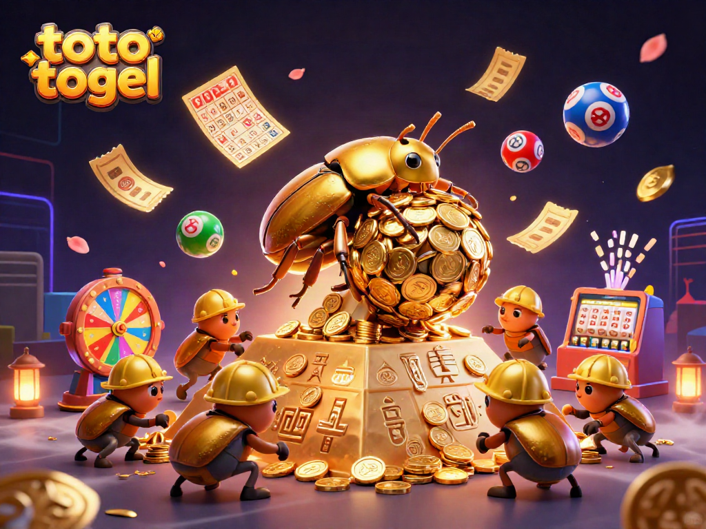 Engage with toto togel in a thrilling visual scene of beetles and casino elements showcasing excitement.