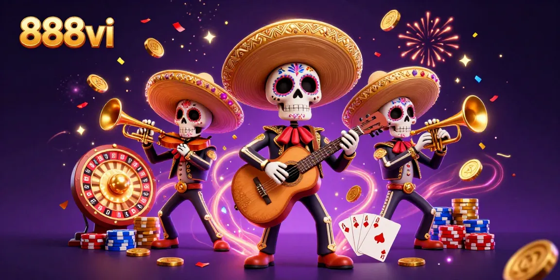 Experience the vibrant world of 888vi with festive mariachi skeletons amid dynamic casino elements.