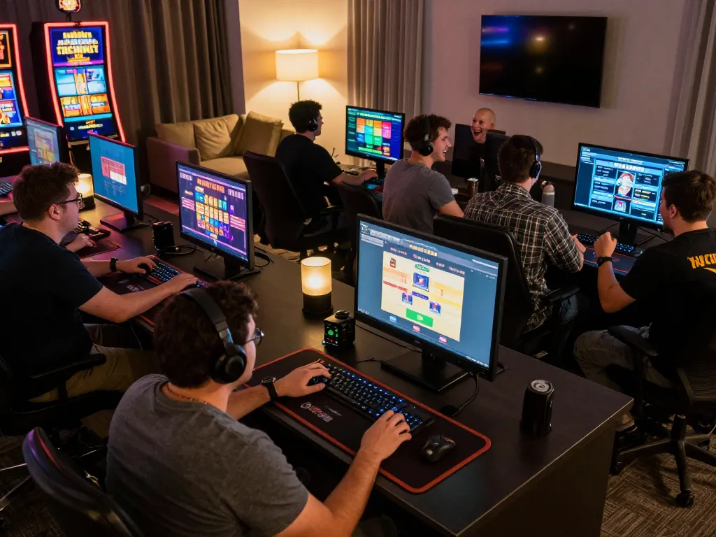 Players enjoying social slot games on IDCWIN88 at home, captured in a lively atmosphere