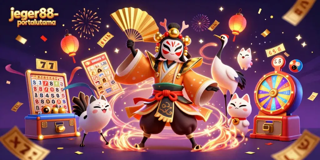 Menggambarkan karakter kabuki dan kitsune dalam suasana permainan slot di platform jeger88-portalutama.