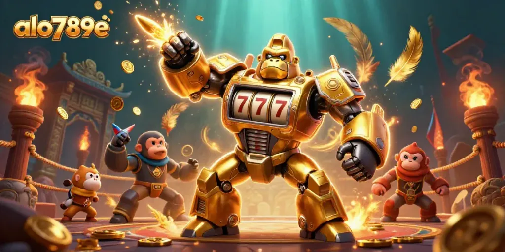 Experience thrilling action with the golden gorilla mech in alo789e's fantastical casino themed scene