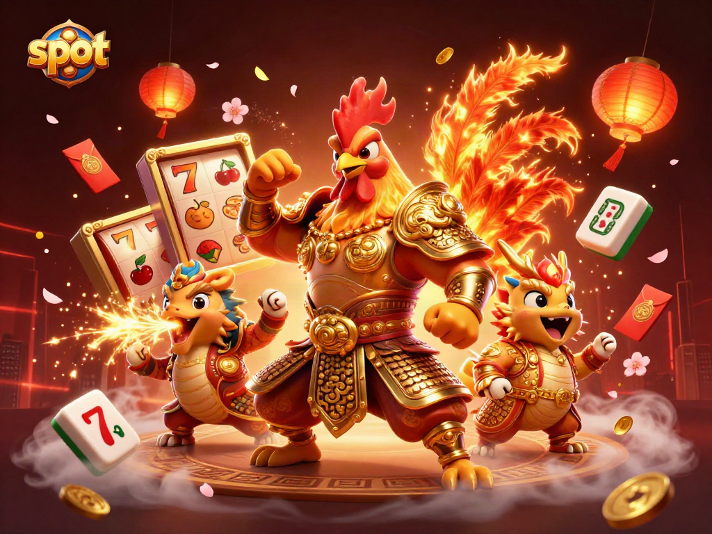 Experience the excitement of slot gaming with a vibrant 3D illustration of a rooster warrior and dragon hatchling.