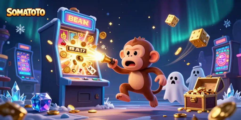 Experience the thrill with SOMATOTO's engaging casino scene featuring a mischievous monkey and an adventurous puppy.