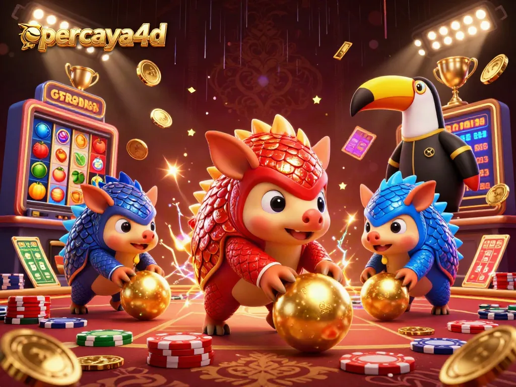 Percaya4d menampilkan pangolin bersaing dengan efek jackpot, dikelilingi slot dan koin emas di kasino.
