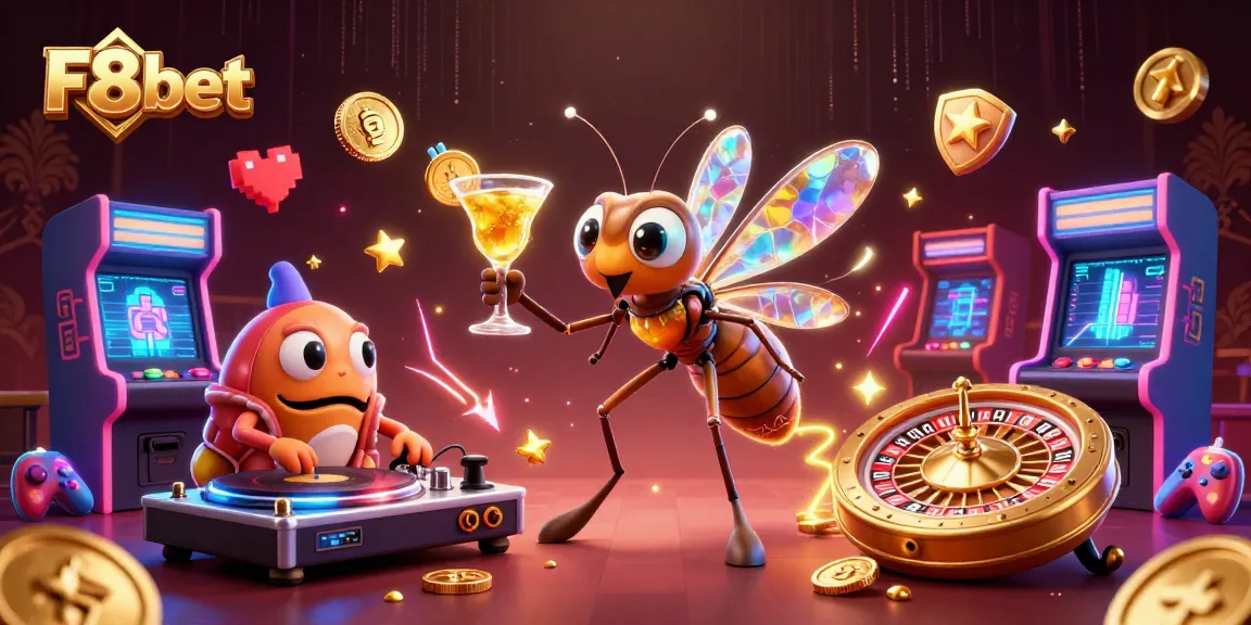 Engage in exciting gameplay with F8bet’s vibrant casino elements featuring a frozen mosquito mascot, trilobite DJ, and roulette wheel.