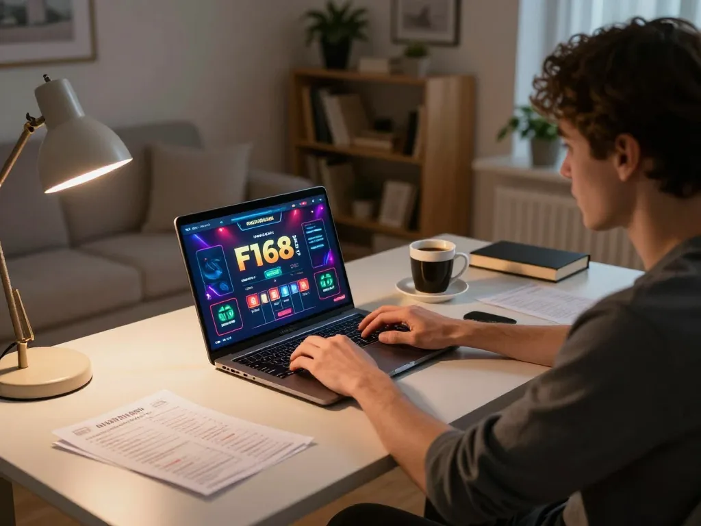 Engaging in f168 vip online gaming experience at home, showcasing dynamic gameplay and a cozy setting.