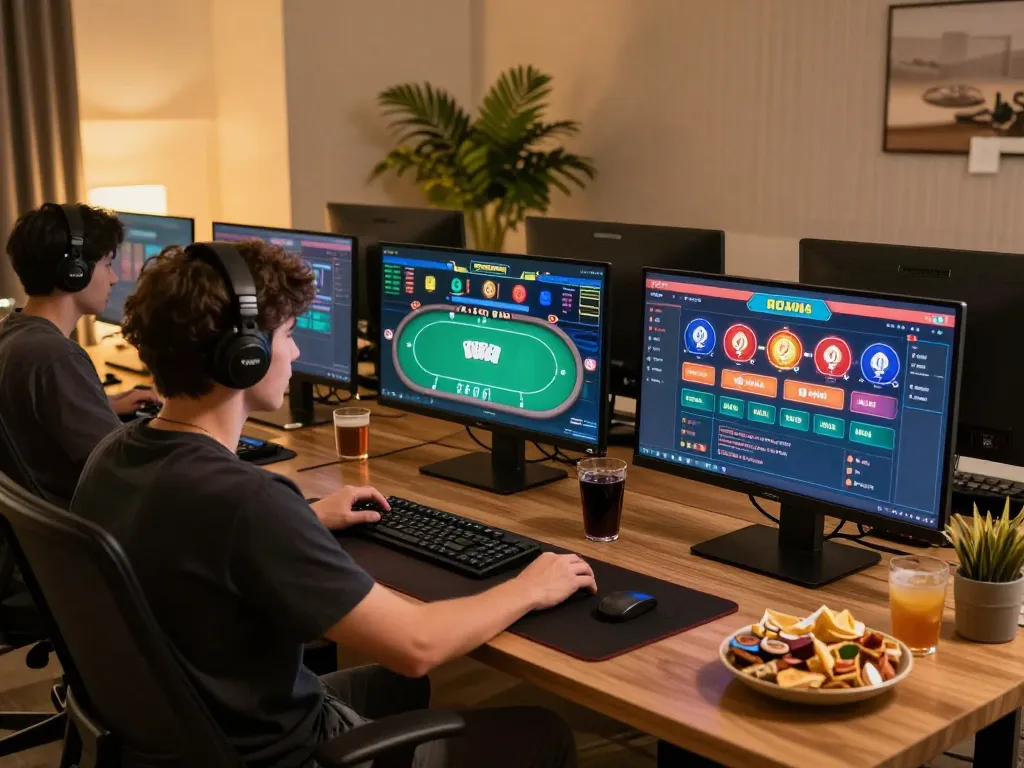 Engaging online gamer using qq alfa platform, focused on live dealer poker game in stylish home office.