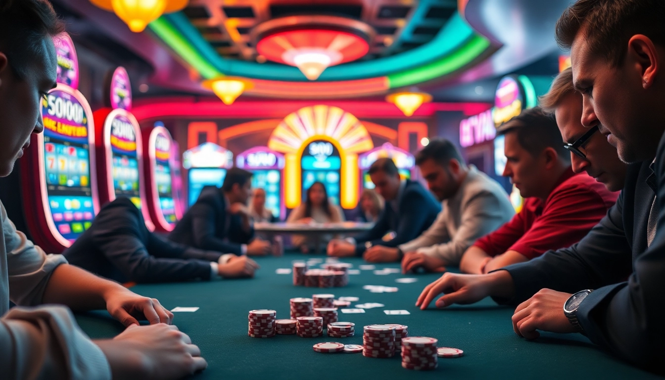 Permainan meja poker di toko56 dengan pemain fokus dan mesin slot berwarna cerah.
