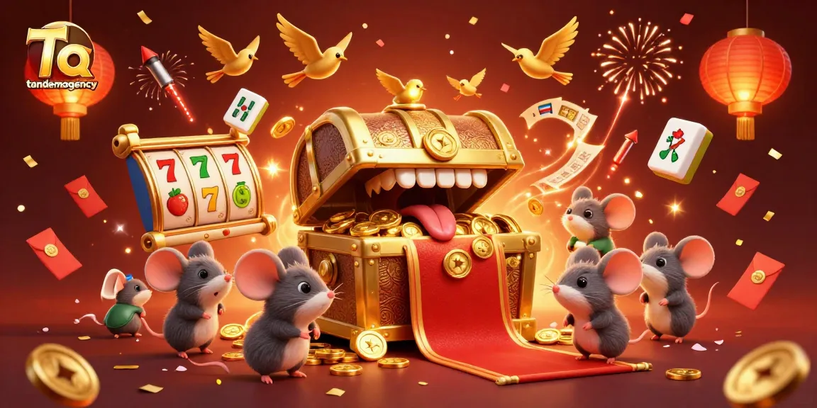 Tandemagency showcases an exciting casino scene with treasure chests, slot reels, and festive elements.