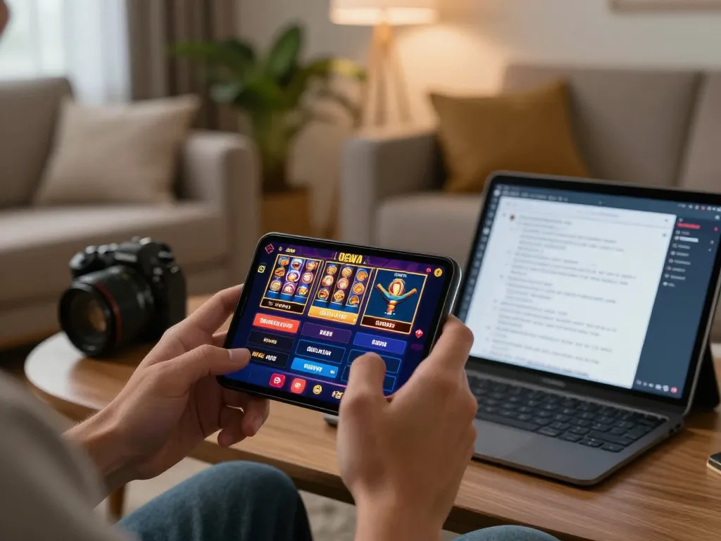 Player engaging with UG DEWA casino app on smartphone in a cozy gaming setup.