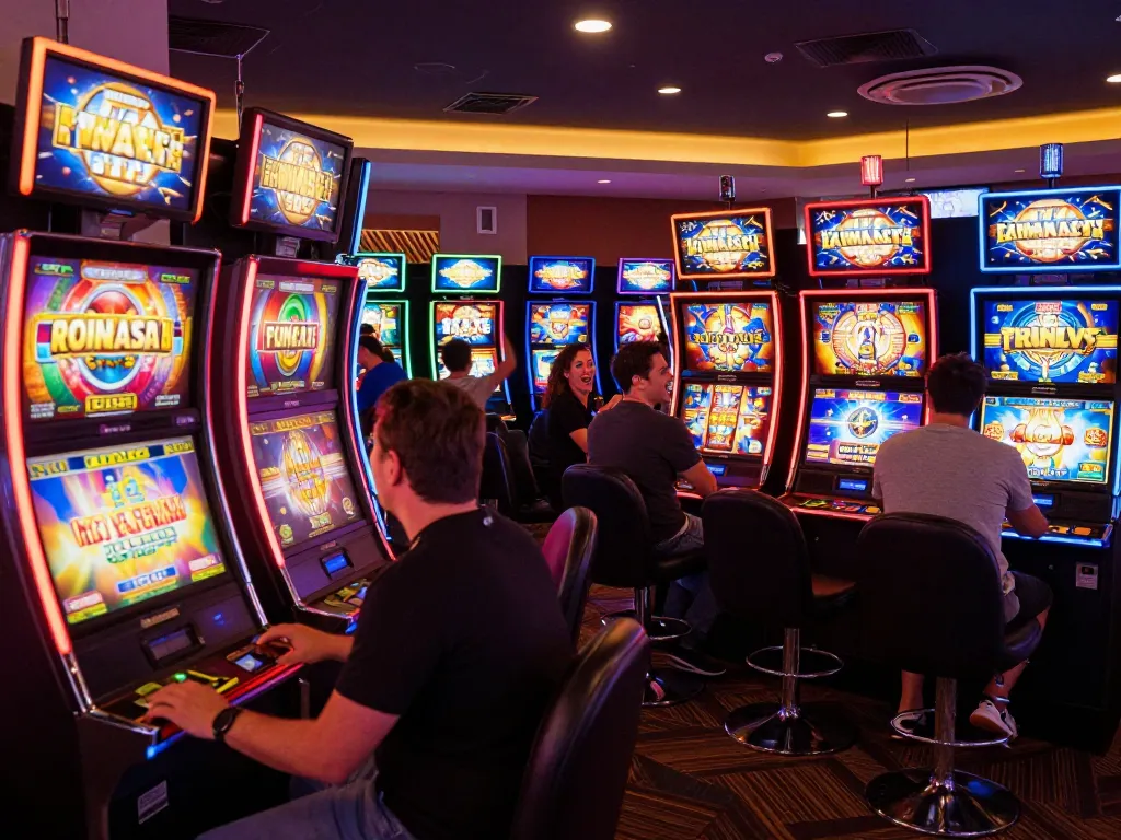 Players enjoying BAYITOTO slots in a vibrant casino setting with colorful lights and machines.