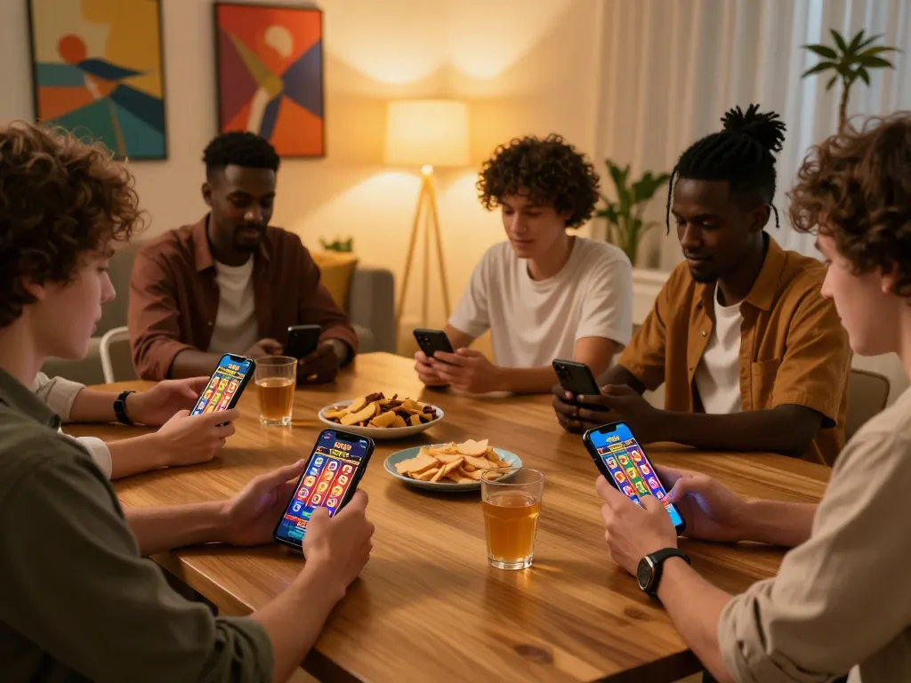 Friends enjoying a kaisar 888 mobile casino gaming experience at home with vibrant atmosphere and camaraderie.