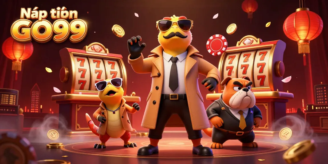 Nạp tiền GO99 3D scene with playful raptors and a bulldog bouncer in a casino context, showcasing vibrant gaming elements.