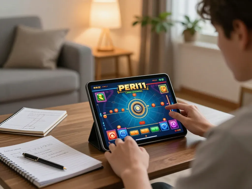 Engaged player enjoying PERI11 online games on tablet in a cozy home setting