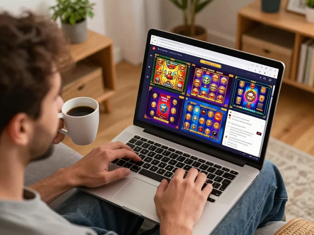Player enjoying toto slot games on laptop in a cozy home setting, highlighting online gaming excitement.