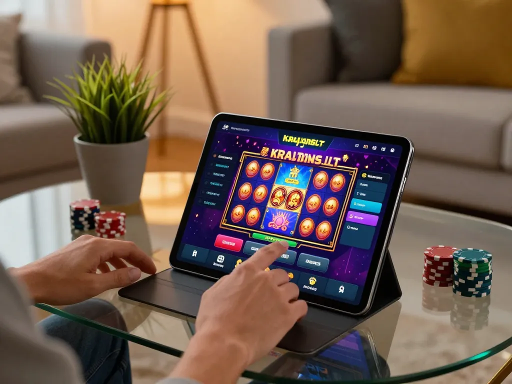 Engaging with kerajaanslot gaming app on tablet at home, showcasing vibrant online gambling.