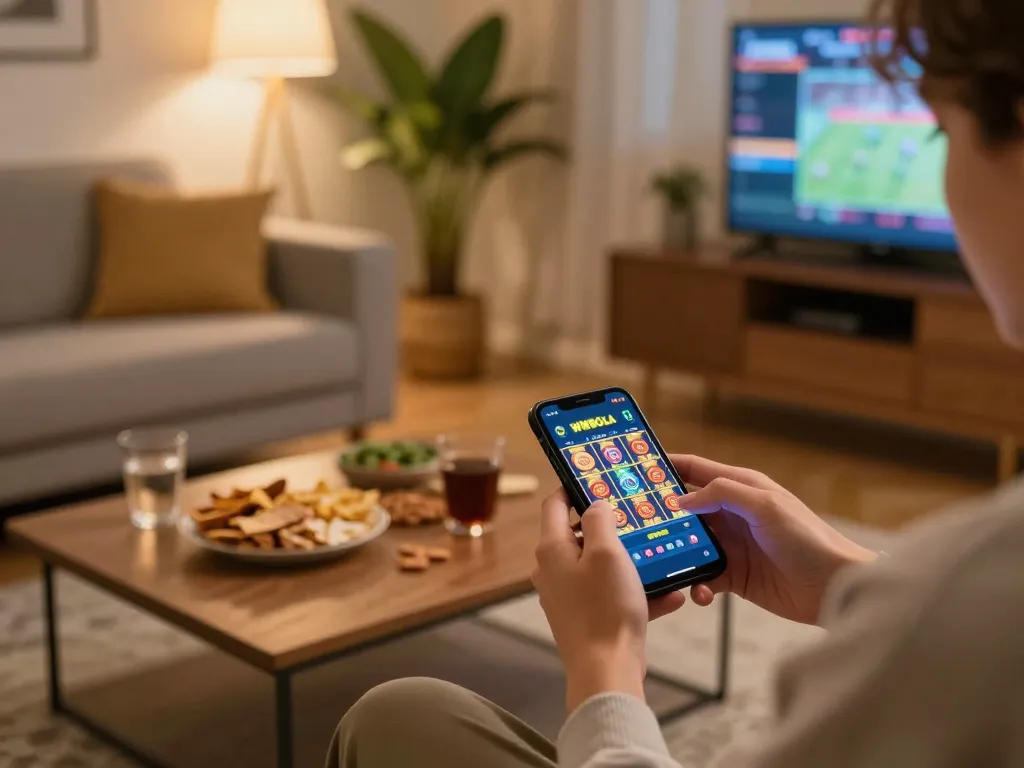 Experience winning at WWBOLA slot games on a mobile device in a cozy home setting.