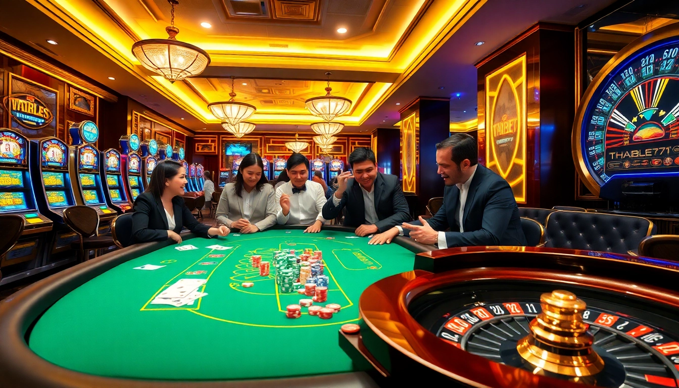 Players enjoying an exciting game of poker at thabet777 casino, showcasing a vibrant atmosphere with slot machines.