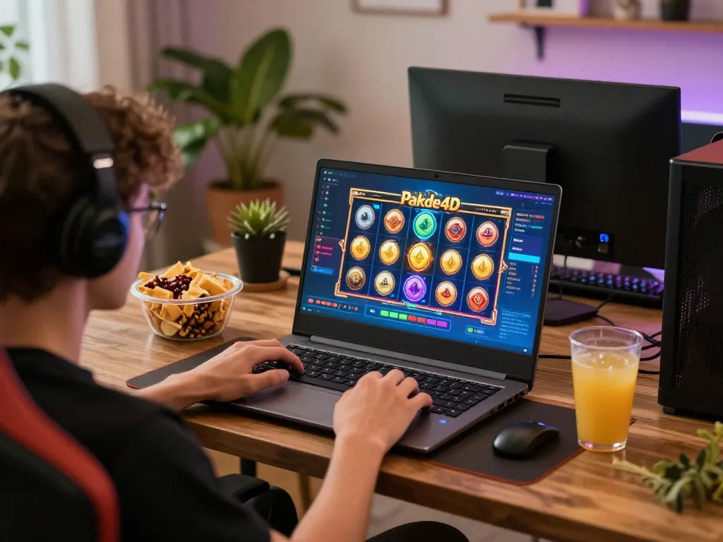 Player engaging with Pakde4D online slots, illustrating a cozy gaming atmosphere at home.