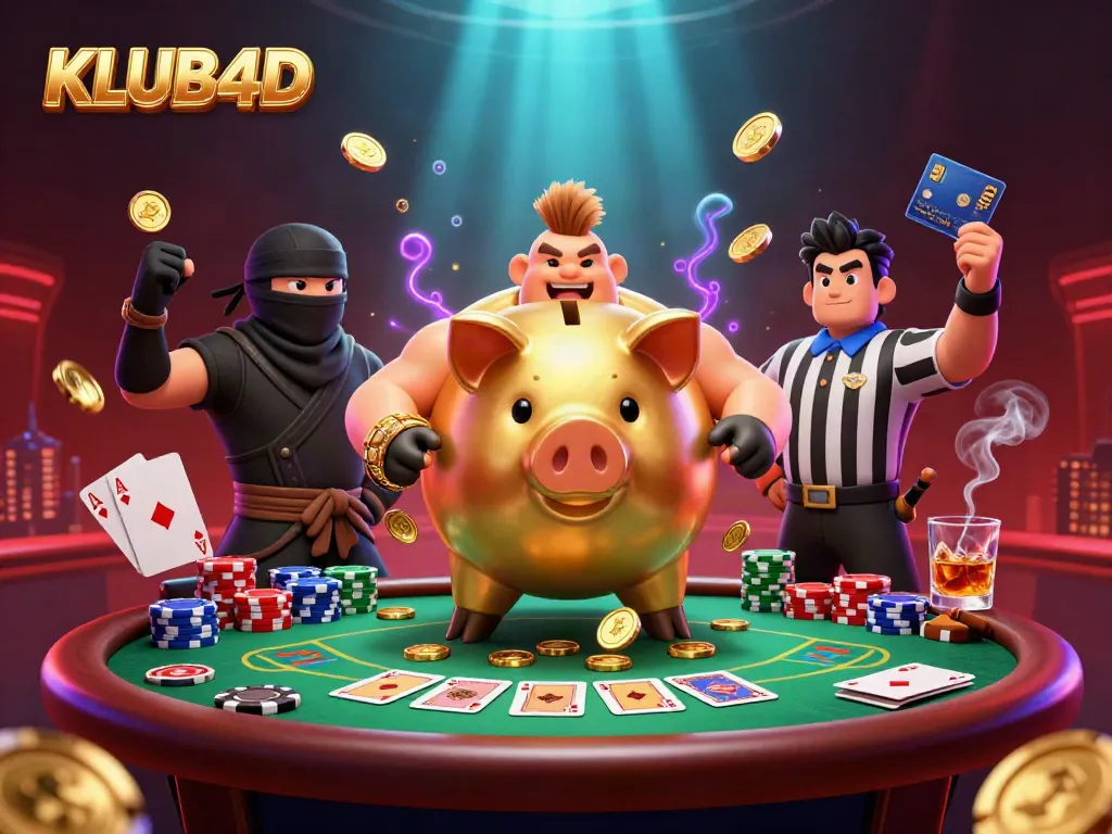 Menangkan peluang di KLUB4D dengan ilustrasi kasino yang penuh warna dan dinamis.
