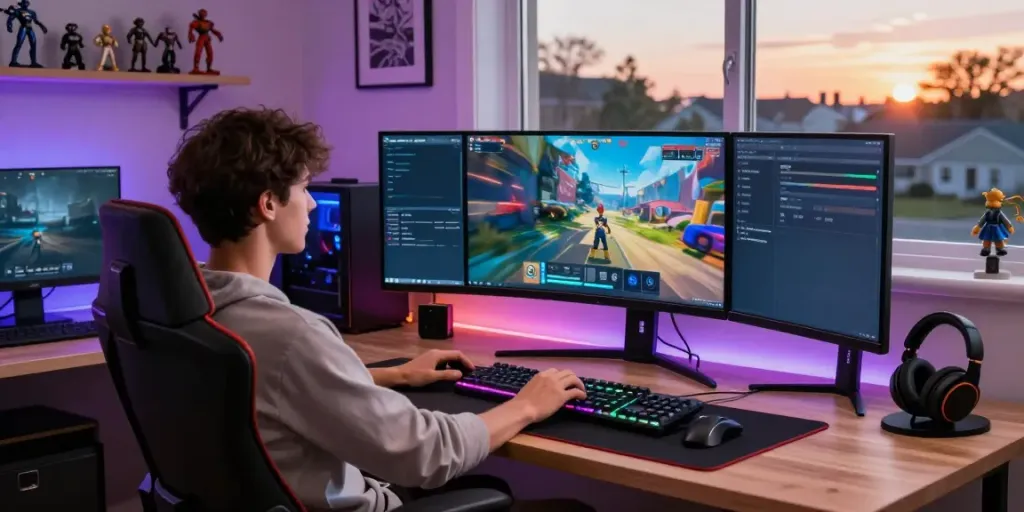 Gamer menggunakan bukumimpi138 login di ruang kerja modern dengan peralatan gaming