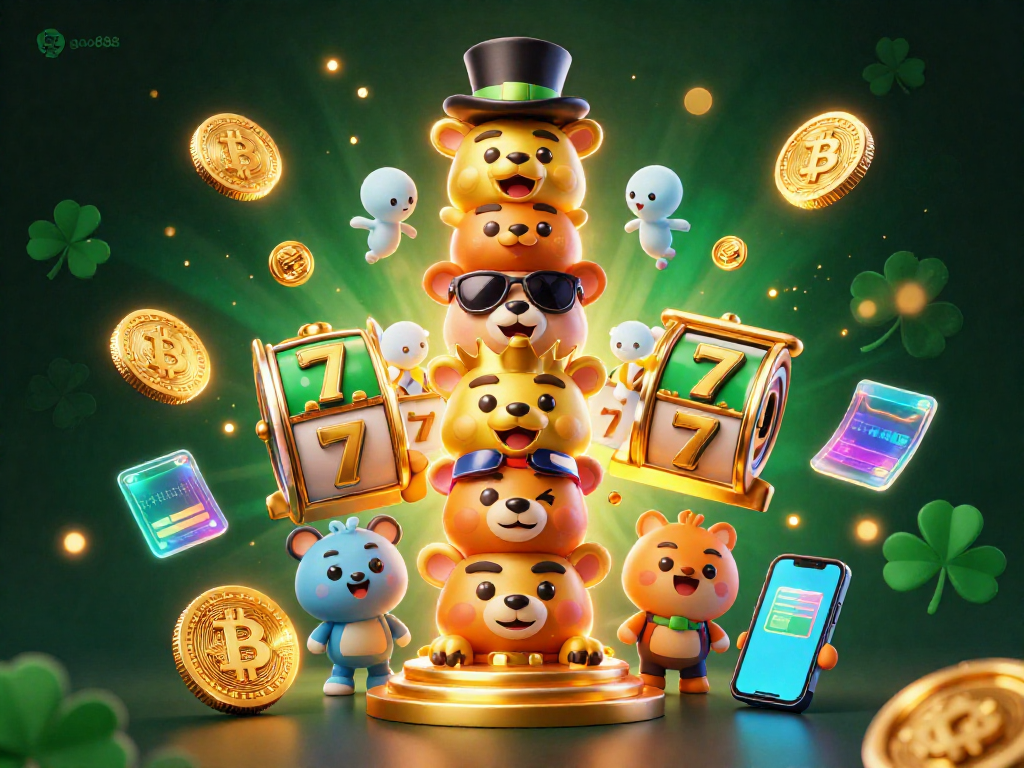 Experience gaming excitement at goo888 with vibrant slot reels and golden totems in a bustling casino scene.
