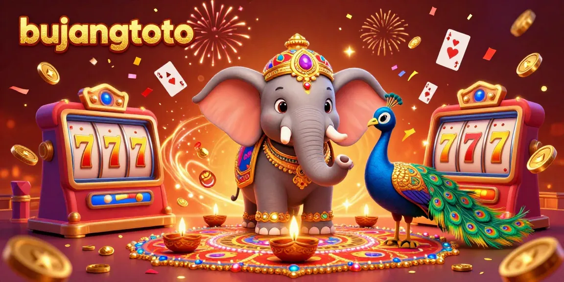 Bujangtoto celebrates with a colorful 3D casino illustration featuring a Diwali-themed elephant, peacock, and dynamic game elements.