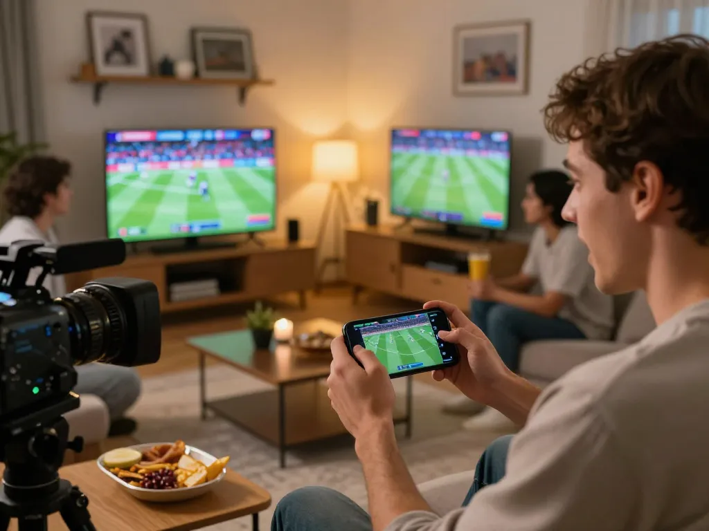 Person engaging in live sports betting with friends at home, highlighting nhà cái 78win excitement and strategy.