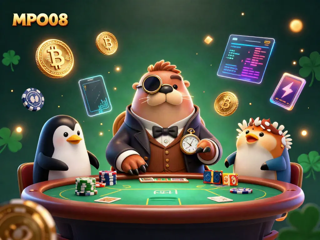 MPO08 showcases a vibrant underwater poker scene with a jolly walrus player in a Victorian outfit.