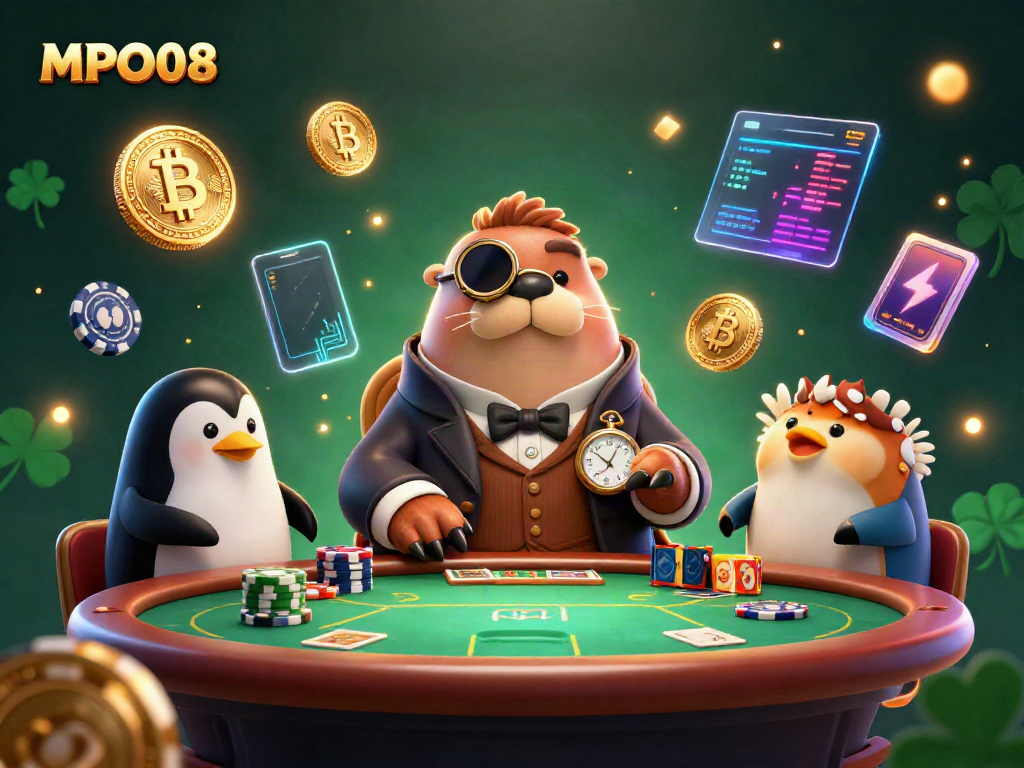 MPO08 showcases a vibrant underwater poker scene with a jolly walrus player in a Victorian outfit.