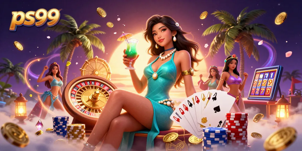 Experience the thrill of gaming with PS99, featuring a glamorous Asian woman enjoying casino fun amid a tropical setting.