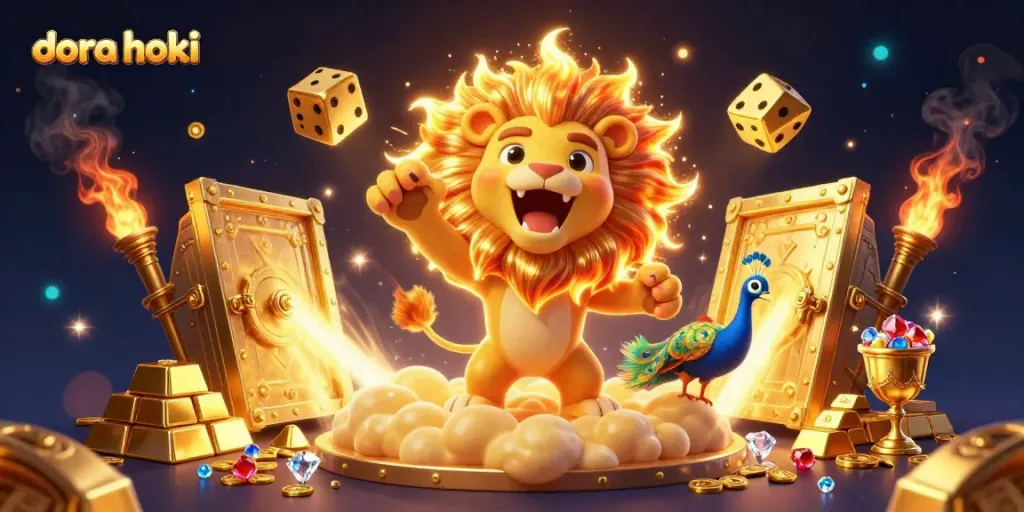 Permainan slot gacor dora hoki dengan suasana kasino bertaburan koin emas dan harta karun.