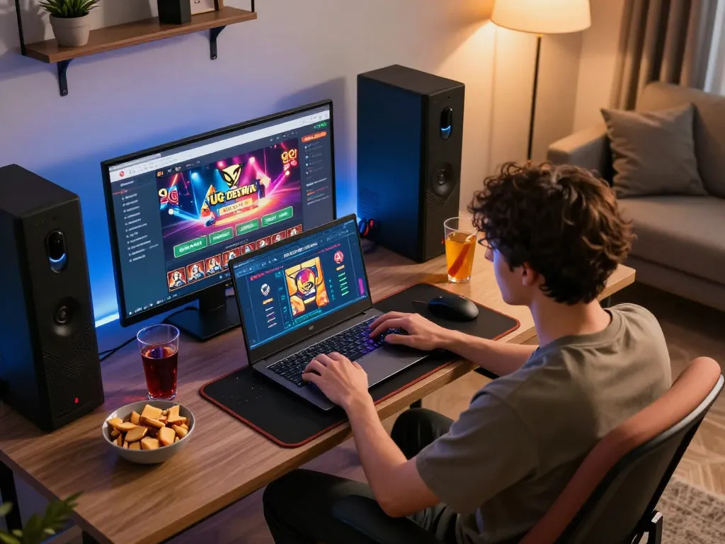 Person engaged in strategic gameplay on UG DEWA platform in a cozy home office.