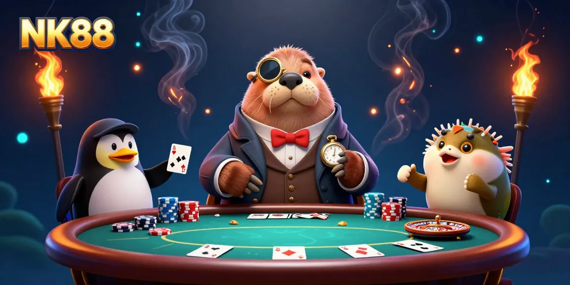 NK88 showcases a jolly walrus playing poker underwater, highlighting thrilling casino action.