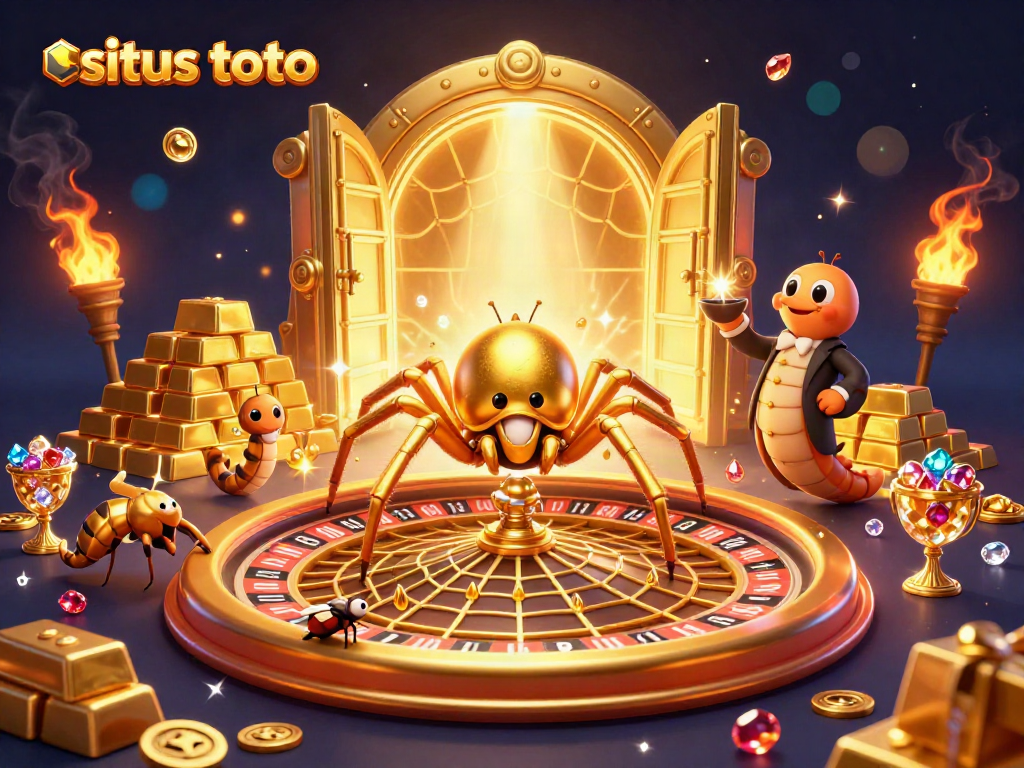 Menempatkan taruhan di situs toto dengan roda roulette emas dan laba-laba kartun.