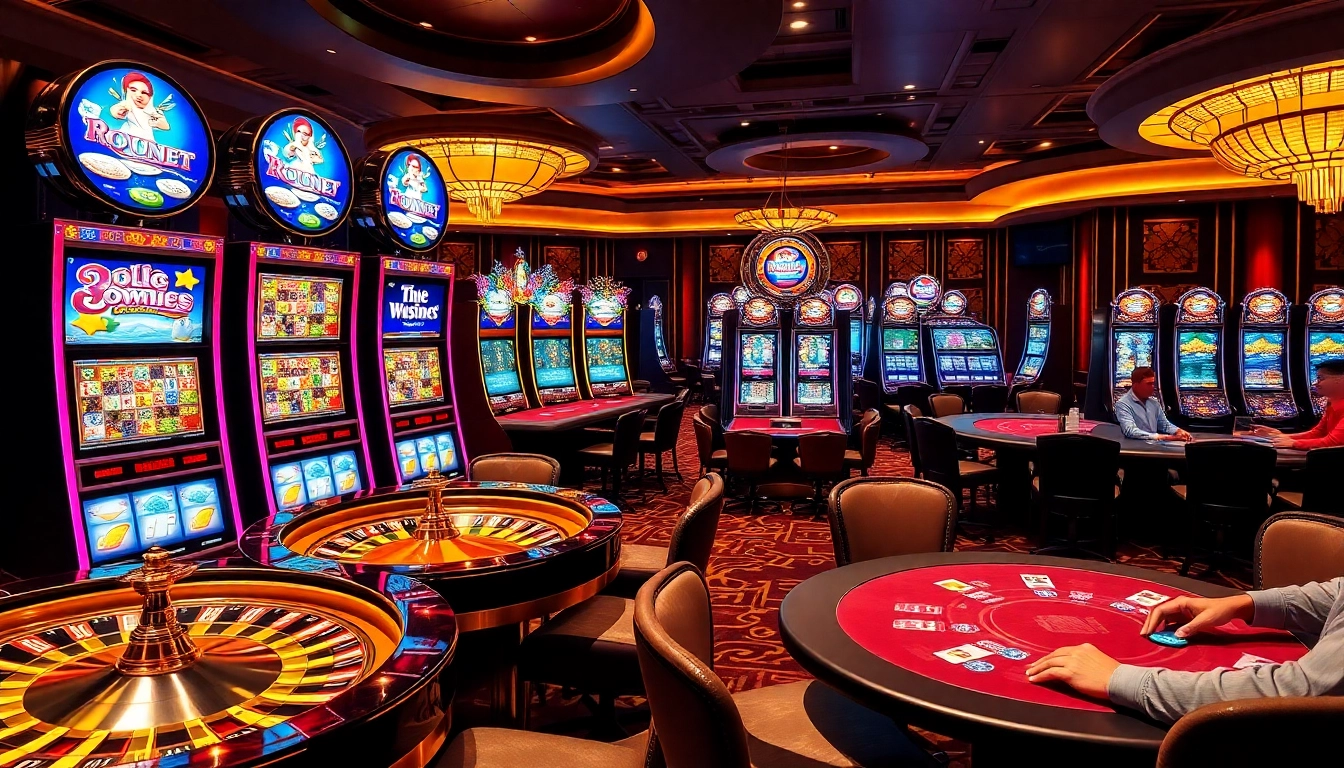 Exciting display of a luxurious casino with engaging slot machines representing nama situs judi slot online options.