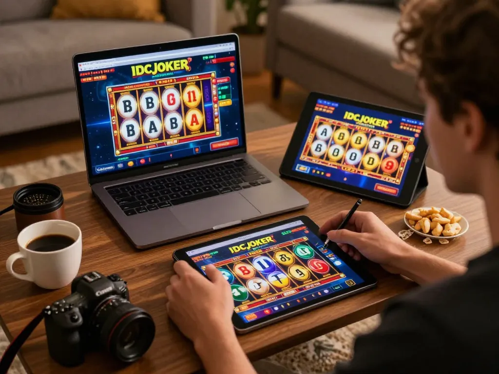 IDCJOKER online slots gameplay on a laptop in a cozy home setting with snacks and warm lighting.
