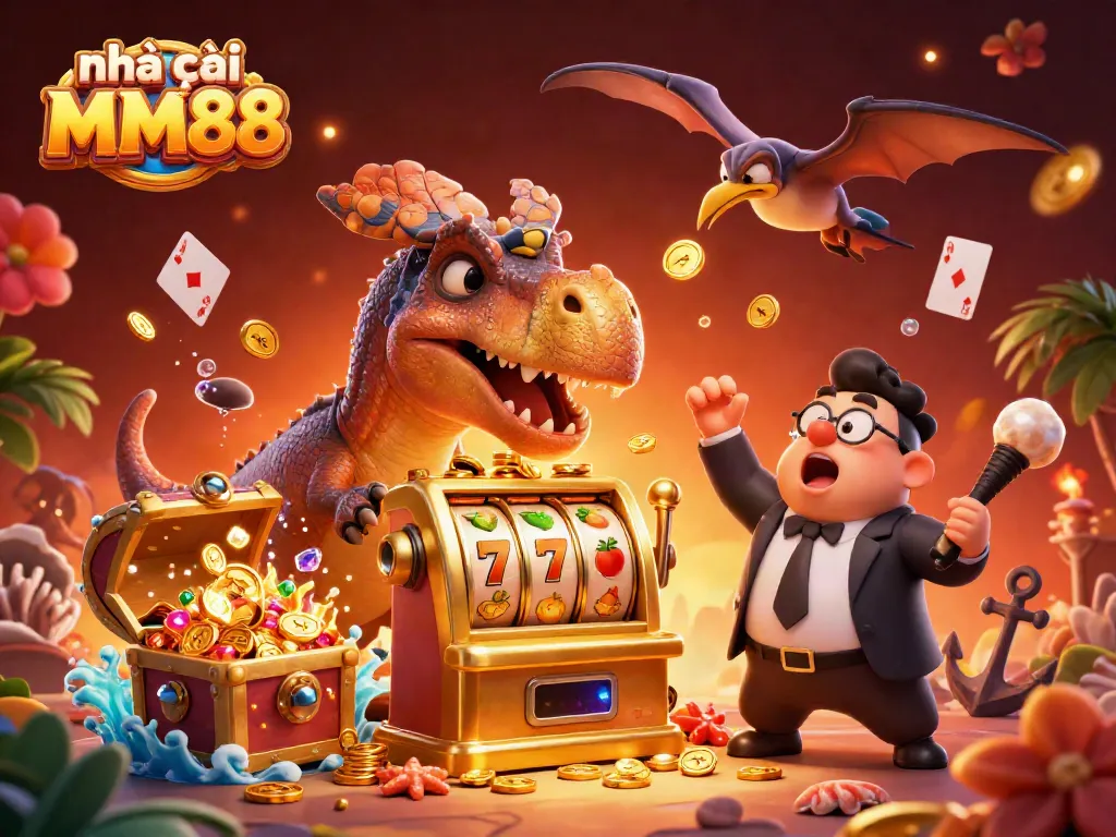 Experience thrilling wins with nhà cái MM88 as cartoon dinosaurs interact with a vibrant casino scene.