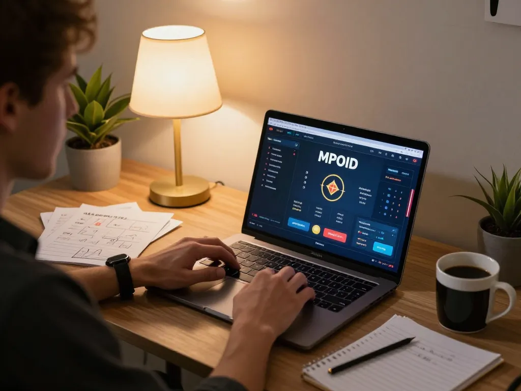 MPOID player engaging with online gaming interface, showcasing responsible gambling in a cozy home setting