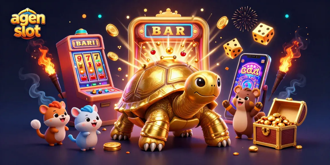 Menangkan permainan agen slot dengan mesin slot 3D dan karakter lucu dalam ilustrasi berwarna-warni.